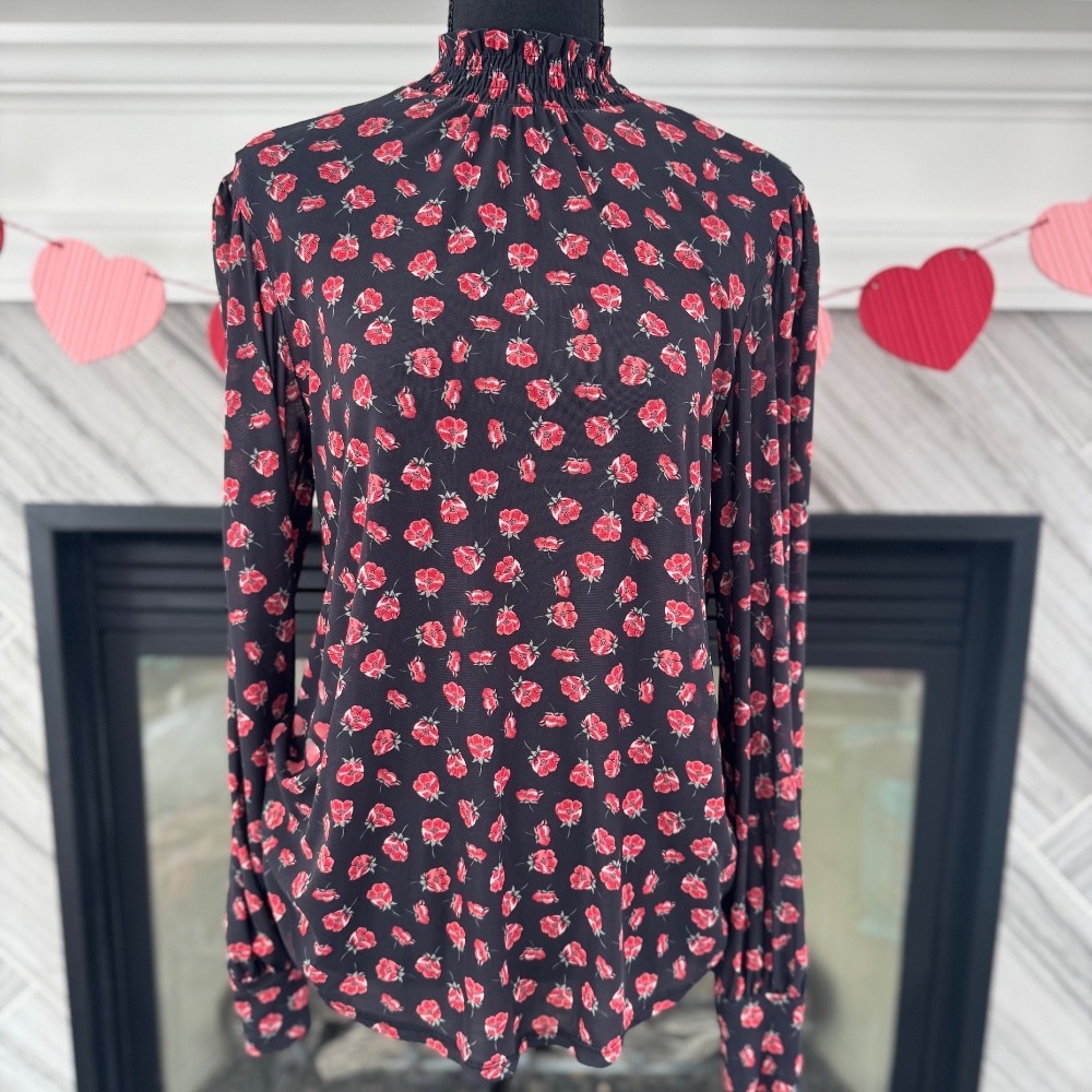 Ivy Ridge Poppy Floral Mock Neck‎ Blouse Long Sleeve Medium